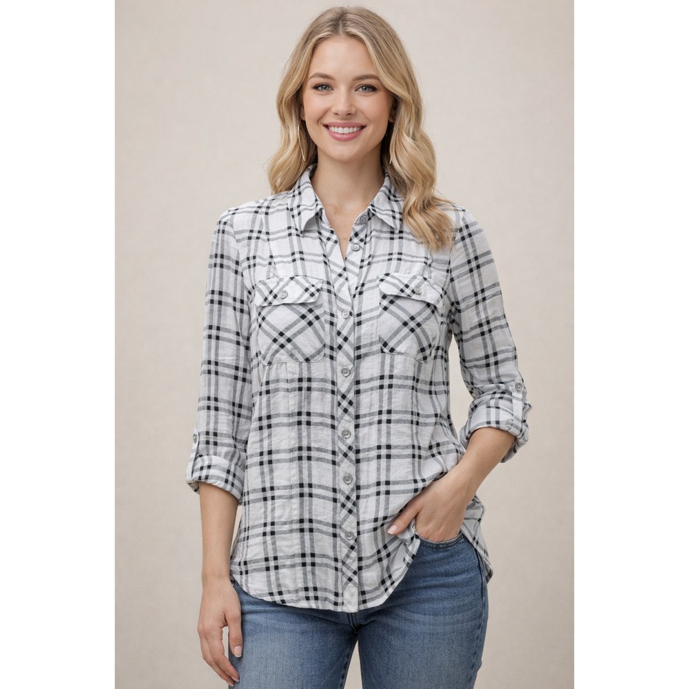 Womens/ Juniors Size M Black White Plaid Roll Tab Button Front Shirt Lightweight
